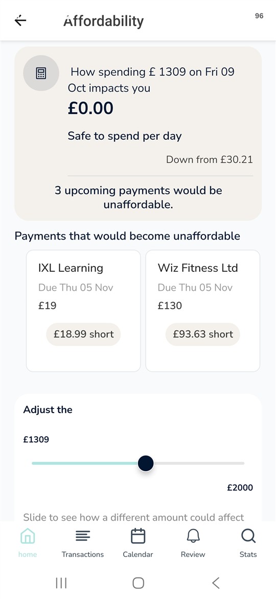 Luura affordability check: a £1,309 spend would leave two upcoming payments short.
