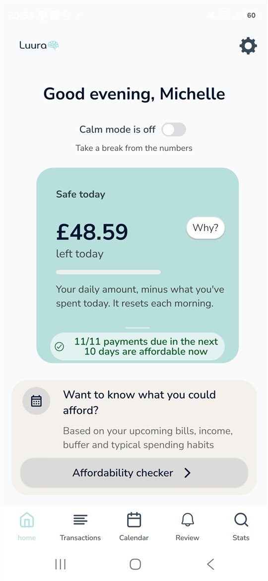 Luura home screen with £48.59 left today.