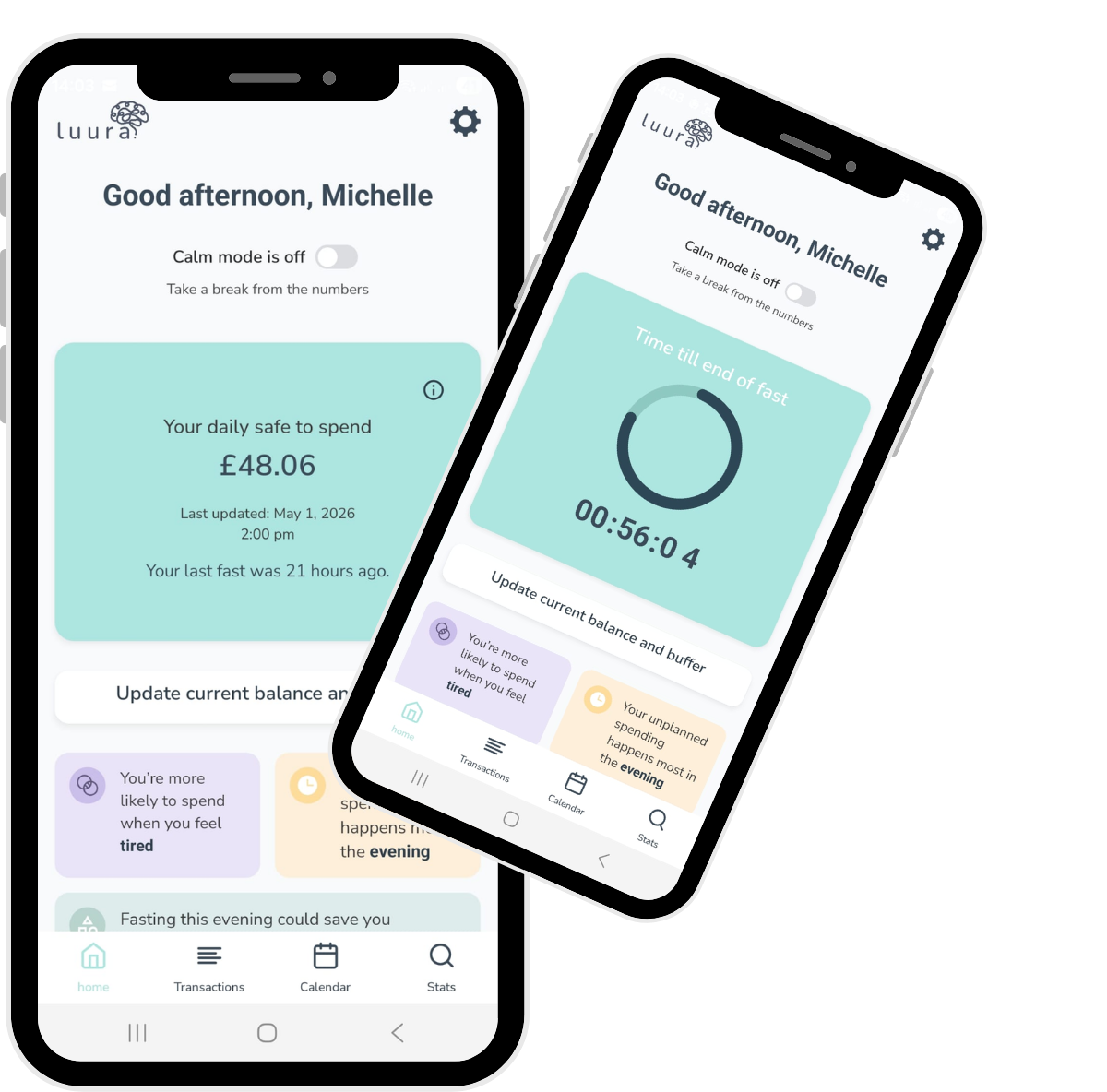 Luura app showing daily safe-to-spend and spending fast timer